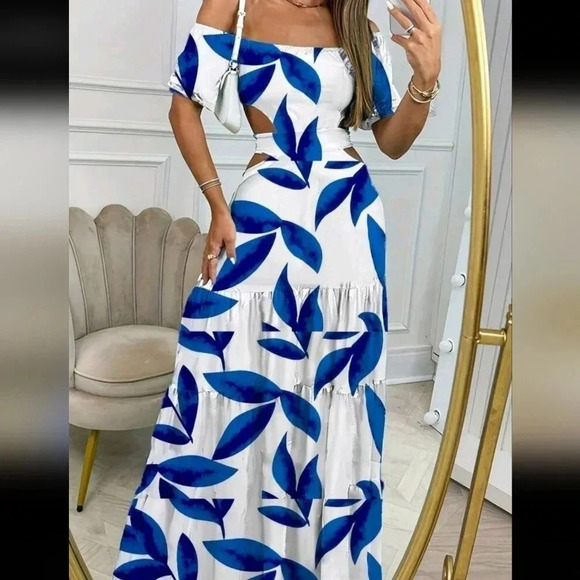 Women's Hollow Out Off Shoulder Plant Print High Waist A-Line Dress - Picture 1 of 3